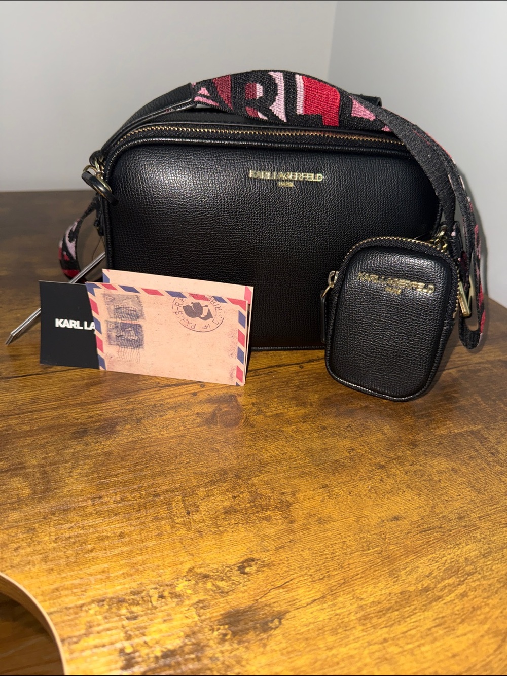BNWT AUTHENTIC Karl Lagerfeld Black Leather Crossbody with coin pouch.